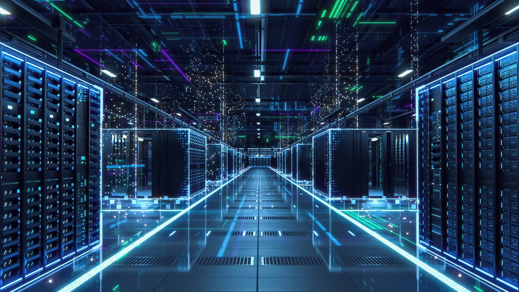 Datacenter corporativo com racks de servidores e iluminação azul